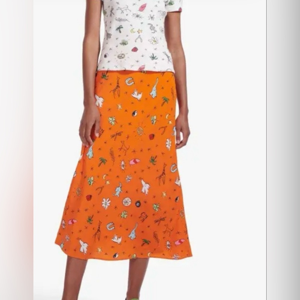 Staud Hash Good Vibes Fun Novelty Print Orange Nectarine A-line Midi Skirt